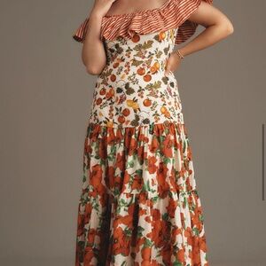 Anthropologie mixed print tomato off the shoulder fruits print cotton dress